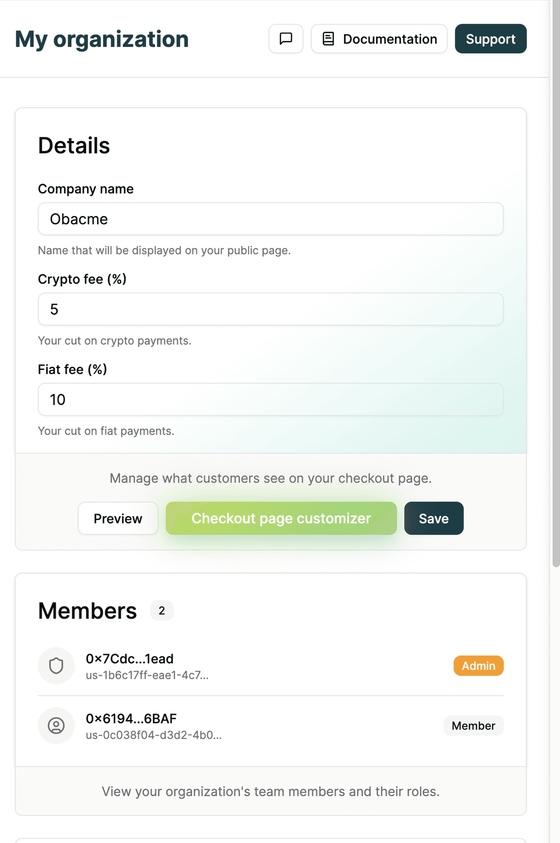 Organization fee settings configuration